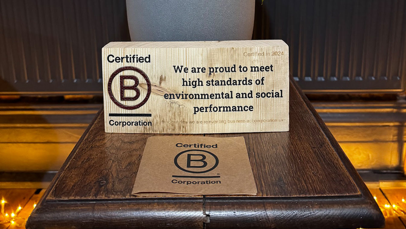 Our B Corp Plaque in the Sunderland office - Phonetic Digital