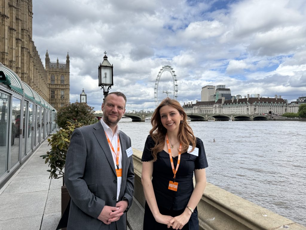 Jess and Steven stood outside the House of Commons. 