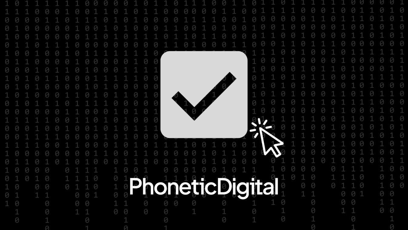 Phonetic digital logo and tick on a balc background